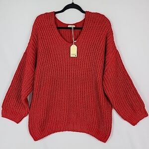 Jodifl Women's Red Boho Chunky Soft Seasonal Shift Long Sleeve V-neck Sweater 1X